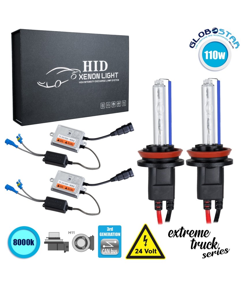 GloboStar® 84140 H11 XCB Line KIT Βασικού Φωτισμού Φορτηγού 3rd Generation Can-Bus Extreme Truck Series XENON 110W 10350lm DC 24V Αδιάβροχο IP65 Ψυχρό Λευκό 8000K